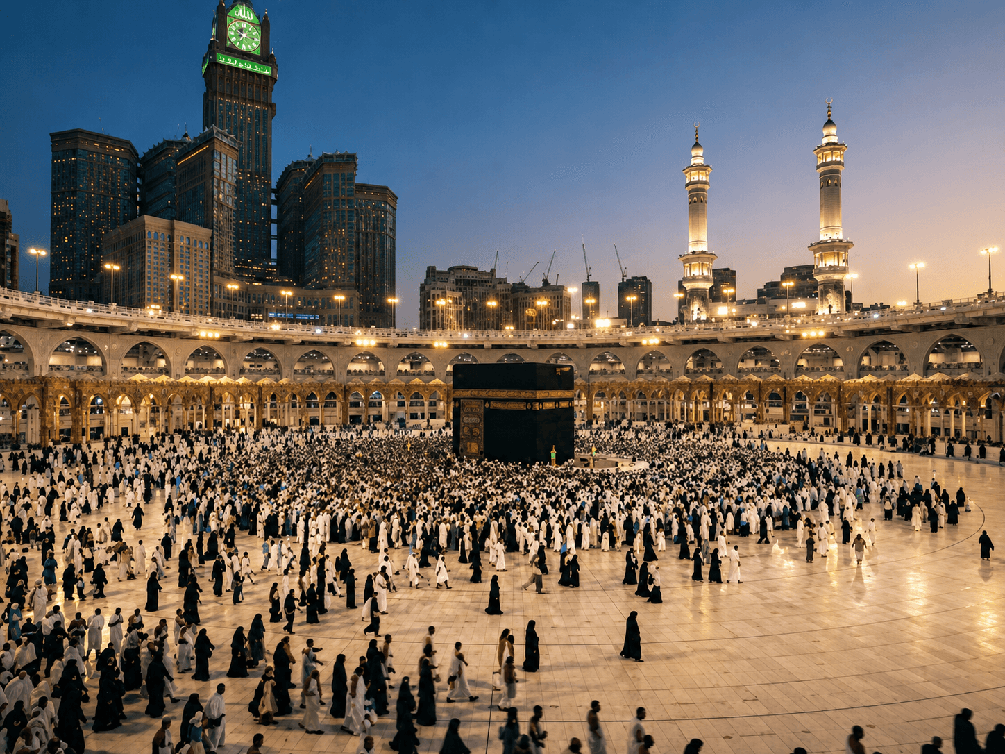 Vue de la Grande Mosquée de La Mecque au coucher du soleil
