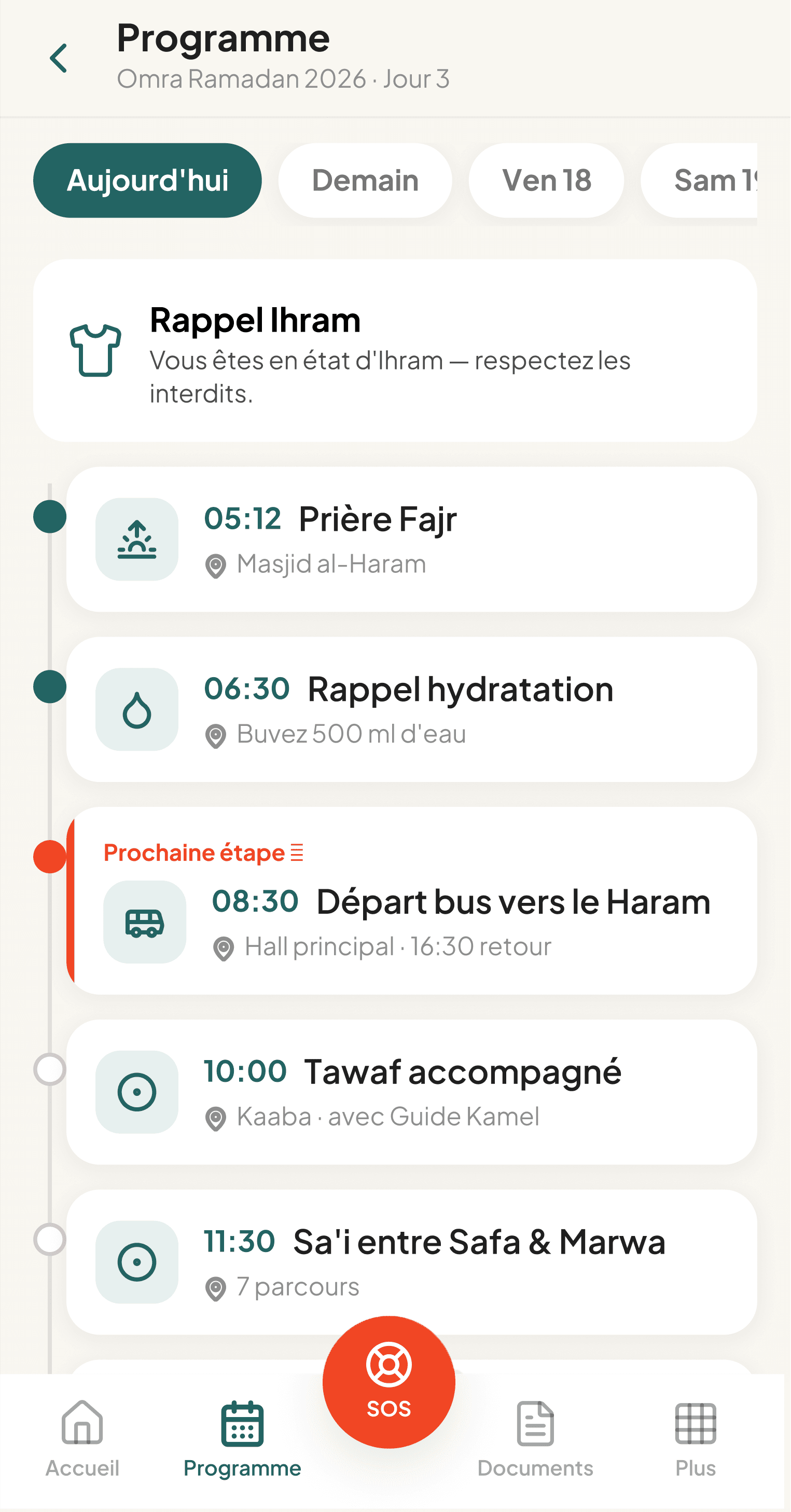 Aperçu de l'application mobile Jinene avec le programme du pèlerin